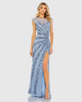 Blue Embellished Illusion High Neck Cap Sleeve Gown