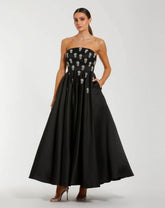 Crystal Embellished Strapless Satin A-Line Dress
