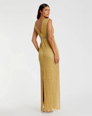 Gold Beaded Cap Sleeve V Neck Column Gown