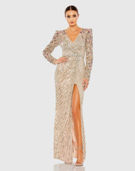 Beige Long Sleeve Embellished Puff Sleeve Faux Wrap Gown