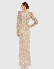 Beige Long Sleeve Embellished Puff Sleeve Faux Wrap Gown