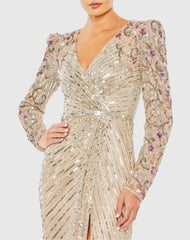 Beige Long Sleeve Embellished Puff Sleeve Faux Wrap Gown