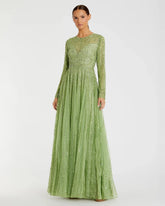 Green Illusion High Neck Long Sleeve Embellished Gown
