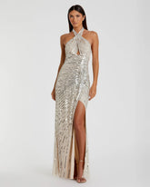 Silver Sequin Halter Keyhole Column Gown