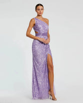 Sequined One Shoulder Draped Lace Up Gown