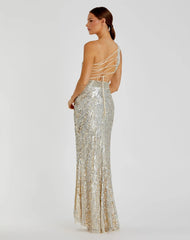 Silver Sequined One Shoulder Draped Lace Up Gown