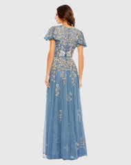 Blue Embellished Butterfly Sleeve High Neck Gown