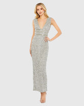 Silver Beaded Sleeveless Tea Length Sheath Dress