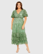 Green Sequin Faux Wrap Flutter Sleeve Ruffle Dress (Plus)