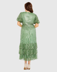 Green Sequin Faux Wrap Flutter Sleeve Ruffle Dress (Plus)