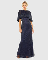 Navy High Neck Column Gown With Embellished Cape