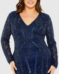 Navy Long Sleeve Embellished Dress (Plus)
