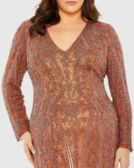 Orange Long Sleeve Embellished Dress (Plus)