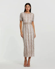 Pink High Neck Short Sleeve Crystal Fringe Sheath Dress