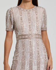 Pink High Neck Short Sleeve Crystal Fringe Sheath Dress