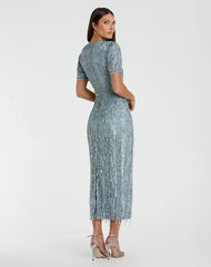Blue High Neck Short Sleeve Crystal Fringe Sheath Dress