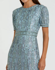 Blue High Neck Short Sleeve Crystal Fringe Sheath Dress