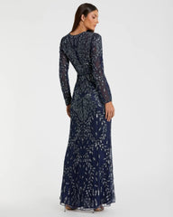 Navy Long Sleeve Illusion Neckline Embellished Gown