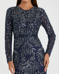Navy Long Sleeve Illusion Neckline Embellished Gown
