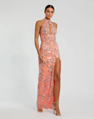 Pink Embellished High Neck Gown with Slit