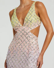 Multicolor V Neck Ombre Beaded Gown With Side Cut Outs
