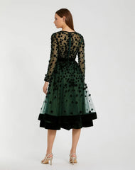 Green Embellished Illusion High Neck Long Sleeve Fit & Flare Dress