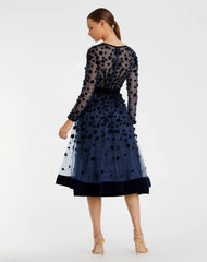 Navy Embellished Illusion High Neck Long Sleeve Fit & Flare Dress