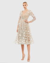 Beige Floral Embellished Lace A-Line Cocktail Dress