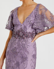Purple Embellished Flutter Sleeve Evening Gown
