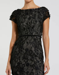 Black Floral Applique Boat Neck Cap Sleeve Gown