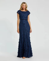 Navy Floral Applique Boat Neck Cap Sleeve Gown