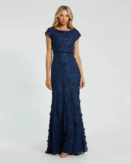 Navy Floral Applique Boat Neck Cap Sleeve Gown