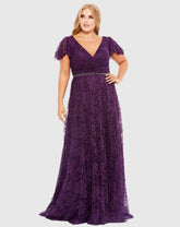 Purple Embellished Flutter Sleeve Evening Gown (Plus)