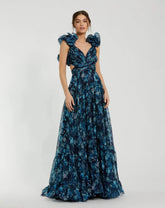 Navy Tiered Floral Cut-Out Chiffon Gown