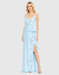 Blue V-Neck Spaghetti Strap Satin Gown
