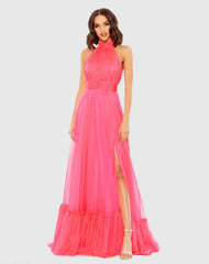High Neck Tiered Chiffon Halter Gown