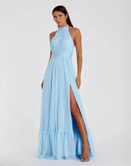 Blue High Neck Tiered Chiffon Halter Gown
