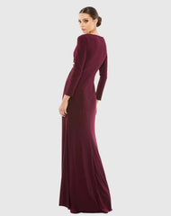 Red Faux Wrap Long Sleeve Evening Gown with Appliqué Detail