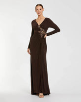 Brown Faux Wrap Long Sleeve Evening Gown with Appliqué Detail