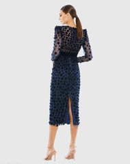 Navy Embellished V Neck Illusion Long Sleeve Sheath Dress