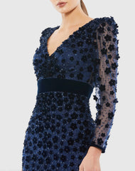 Navy Embellished V Neck Illusion Long Sleeve Sheath Dress