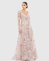 Pink Embellished V Neck Illusion Long Sleeve A Line Gown