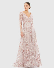 Pink Embellished V Neck Illusion Long Sleeve A Line Gown