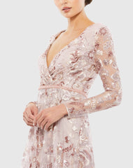 Pink Embellished V Neck Illusion Long Sleeve A Line Gown