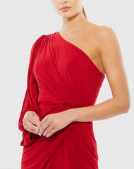 Red One Shoulder Puff Sleeve Faux Wrap Gown