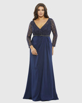 Navy Lace Illusion Long Sleeve V-Neck Draped Gown (Plus)