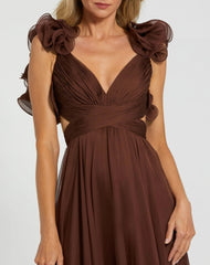 Brown Ruffle Tiered Cut-Out Chiffon Gown