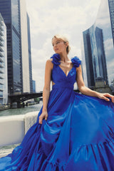 Blue Ruffle Tiered Cut-Out Chiffon Gown