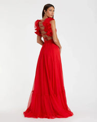 Red Ruffle Tiered Cut-Out Chiffon Gown