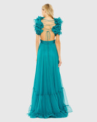Blue Ruffle Tiered Cut-Out Chiffon Gown